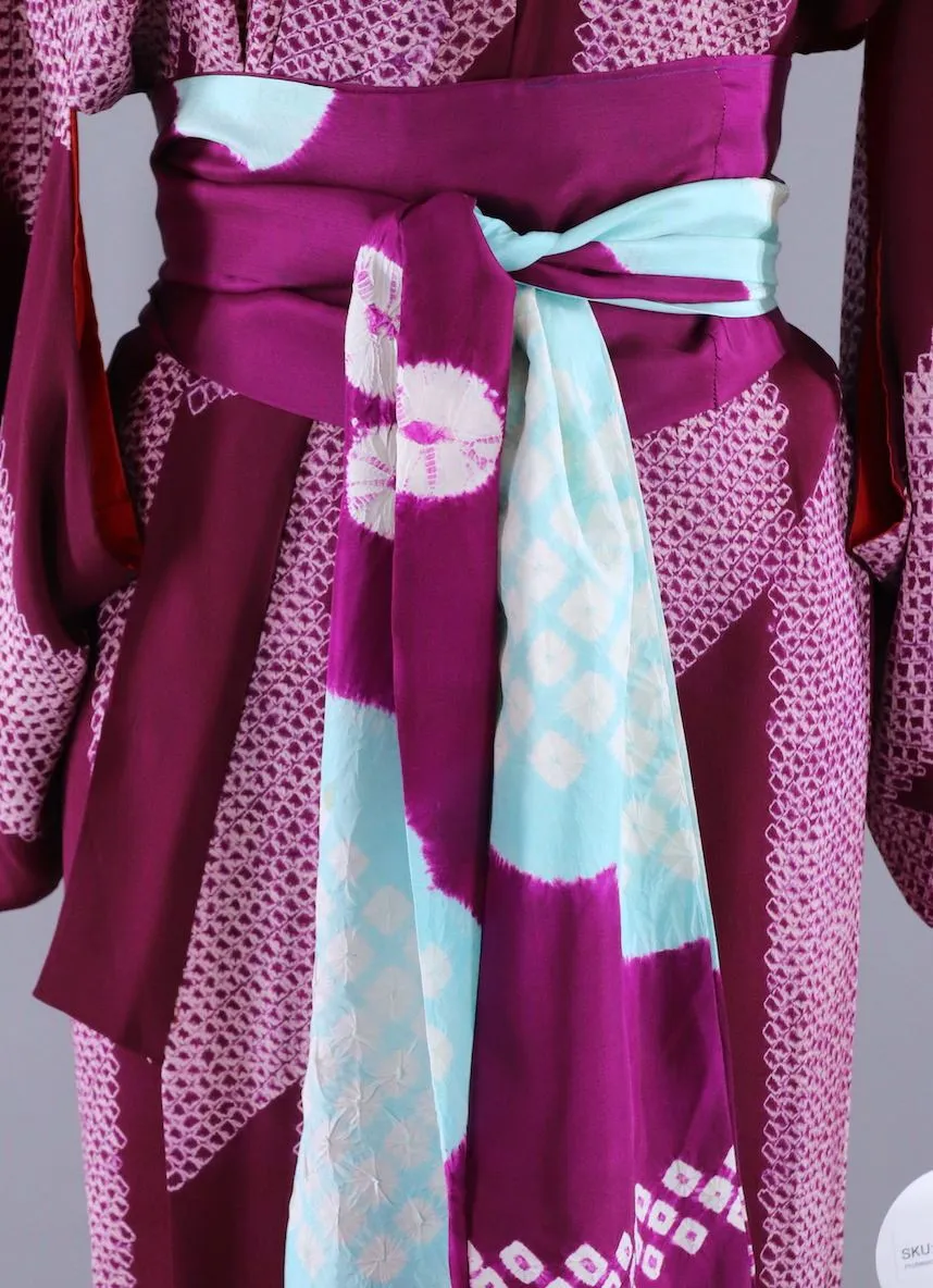 Vintage Silk Kimono Robe / Purple and White Shibori