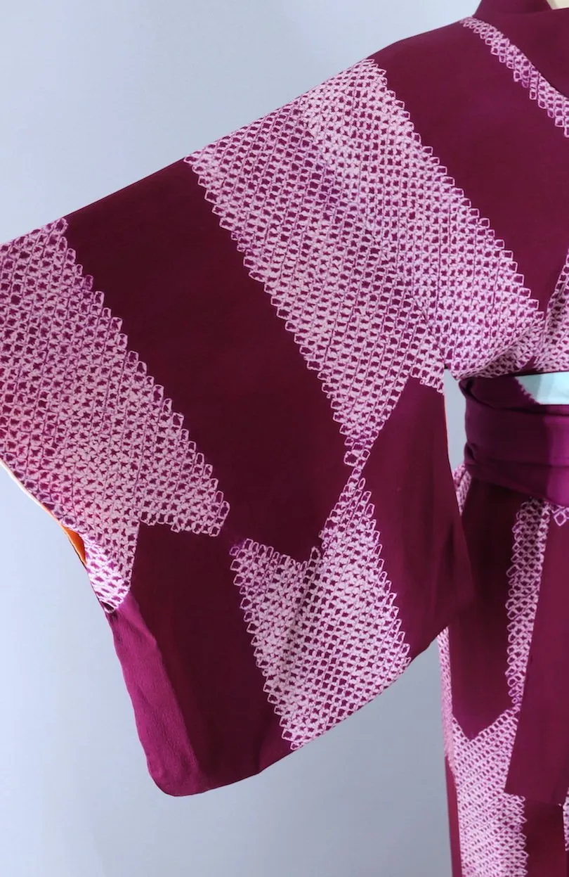 Vintage Silk Kimono Robe / Purple and White Shibori