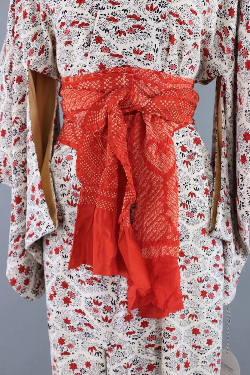 Vintage Silk Kimono Robe / Red Black and White Floral