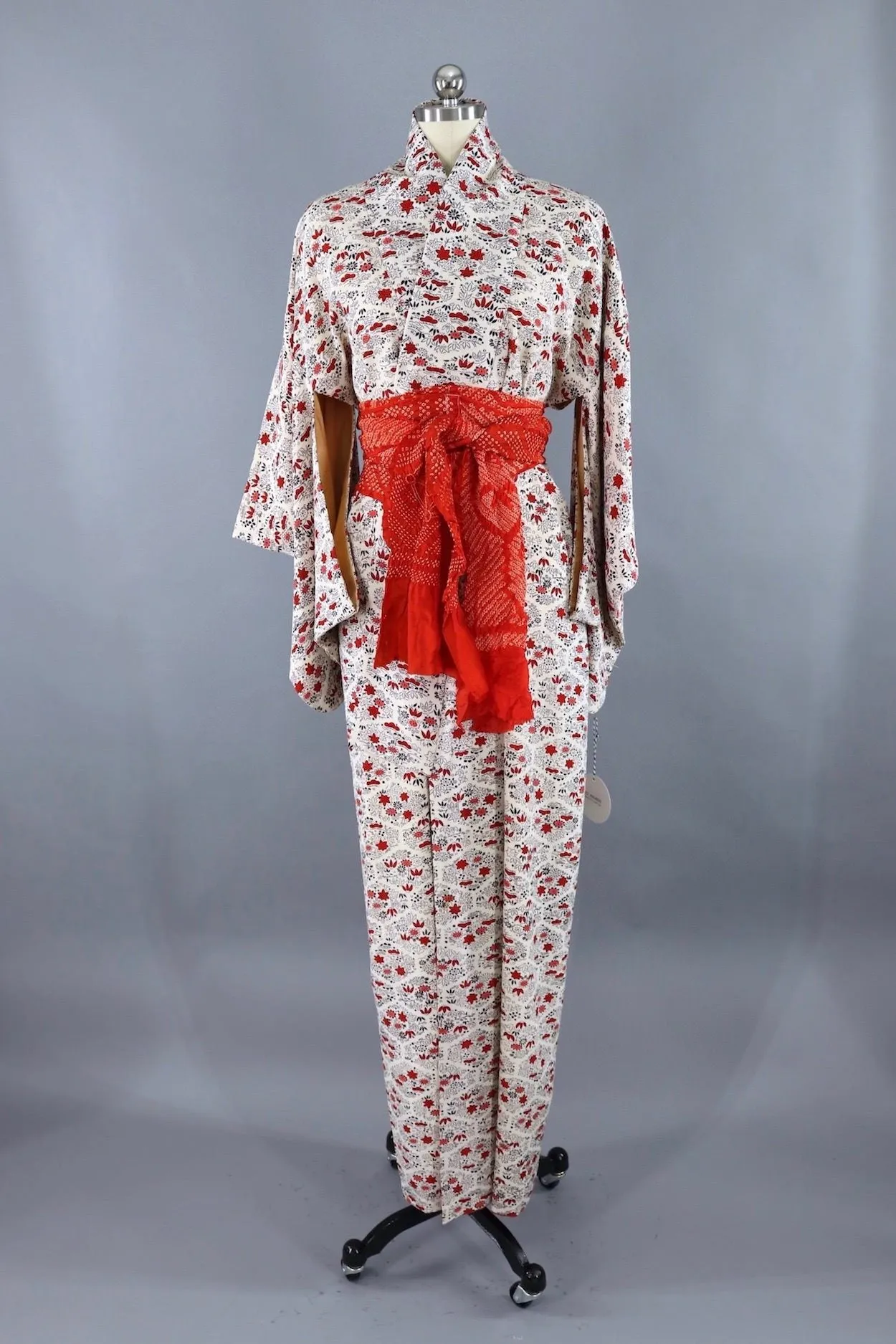 Vintage Silk Kimono Robe / Red Black and White Floral