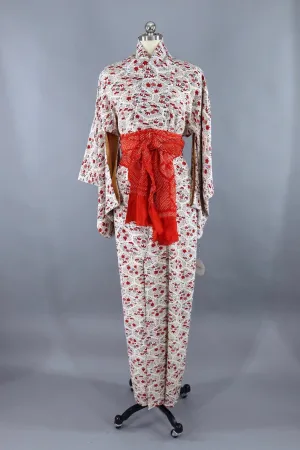 Vintage Silk Kimono Robe / Red Black and White Floral