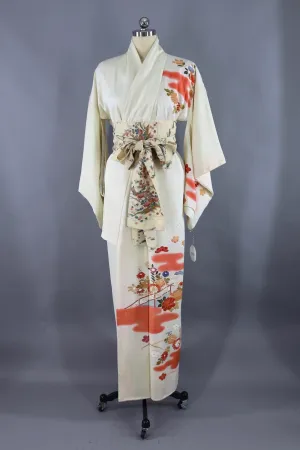 Vintage Silk Kimono Robe / White and Pink Terra Cotta Floral