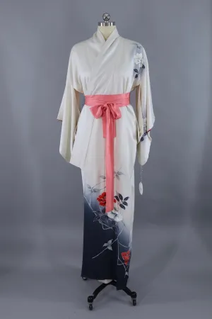 Vintage Silk Kimono Robe / White Blue and Red Floral