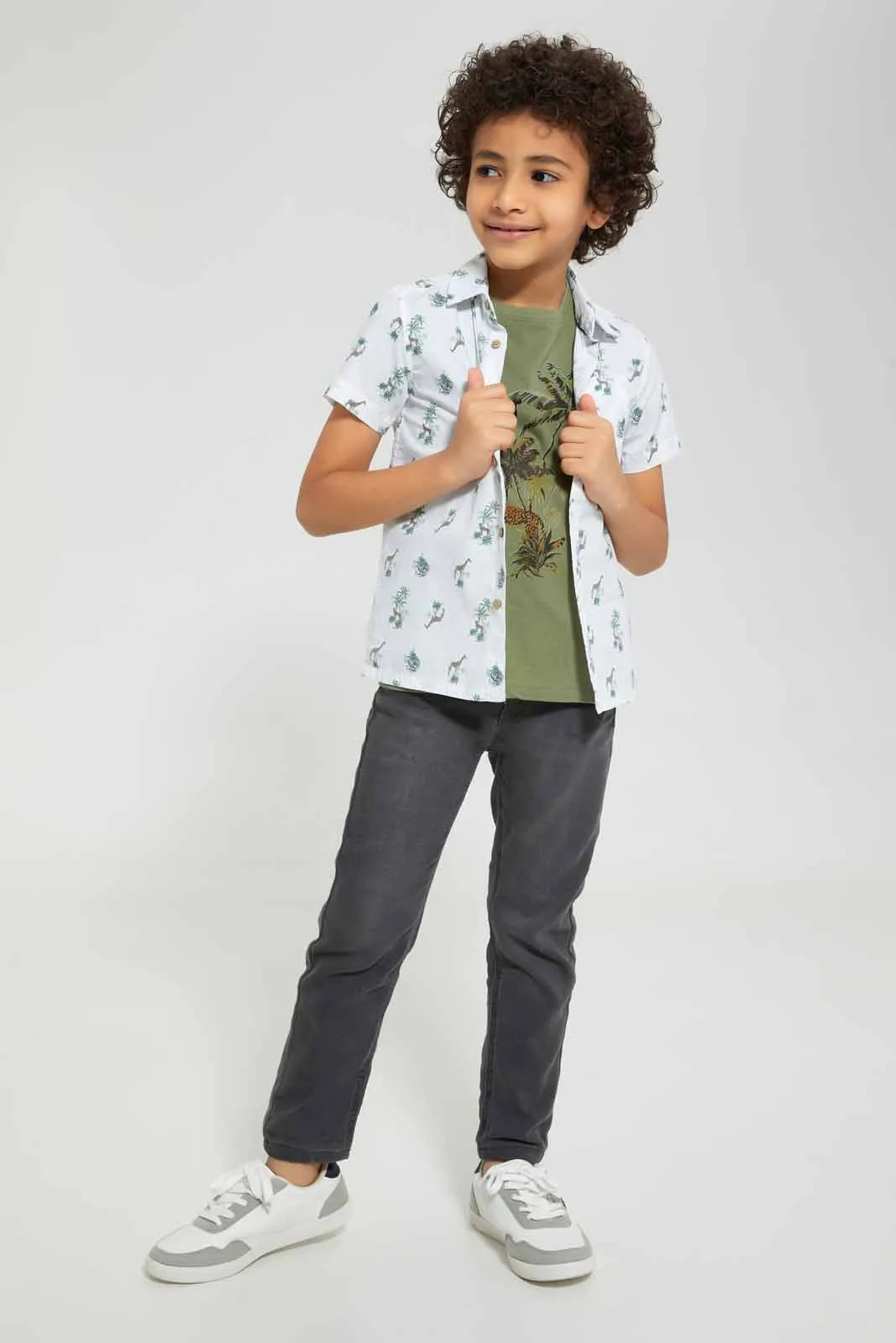 White And Olive Safari Print T-Shirt And Shirt Set (2 Piece)