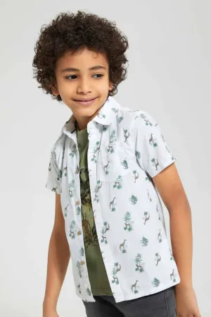 White And Olive Safari Print T-Shirt And Shirt Set (2 Piece)