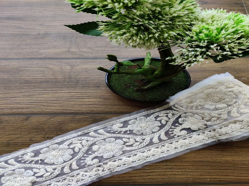 White Designer Lakhnawi Thread Work Dyeable Organza Embroidered Border