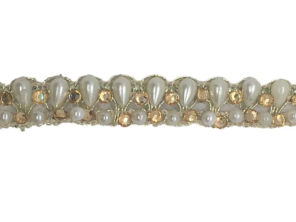 White Golden Designer Stone Work Embroidered Border