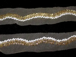 White Golden Fancy Cutdana Beads Work Embroidered Border