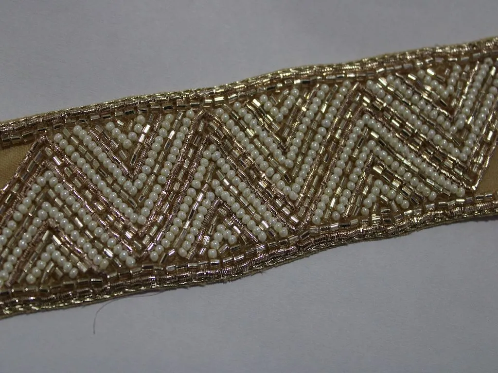White Golden Pearl and Beads Work Embroidered Border