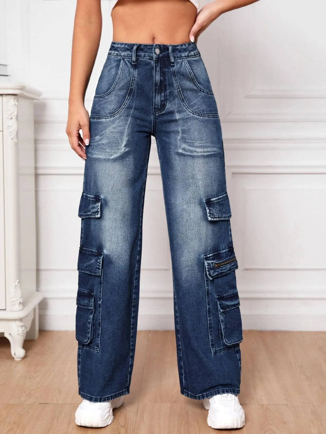 Wide Length Pocket Cargo Jeans