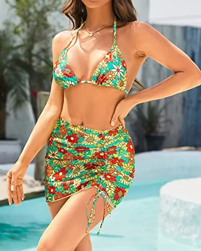 Women's 3 Piece Bikini Triangle Thong Bathing Suits Set Sexy Swimwear