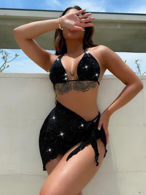Women's Shiny Black Bikini Set - Designer Swimwear Beachwear with Cover Ups
