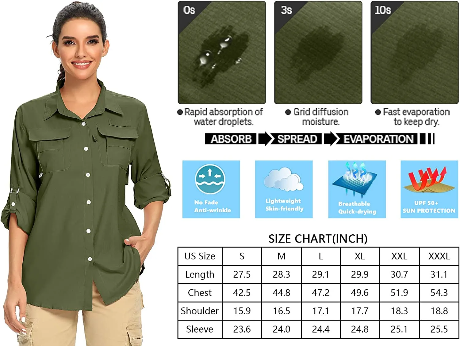 Women's UPF 50  UV Sun Protection Safari Shirt, Long Sleeve