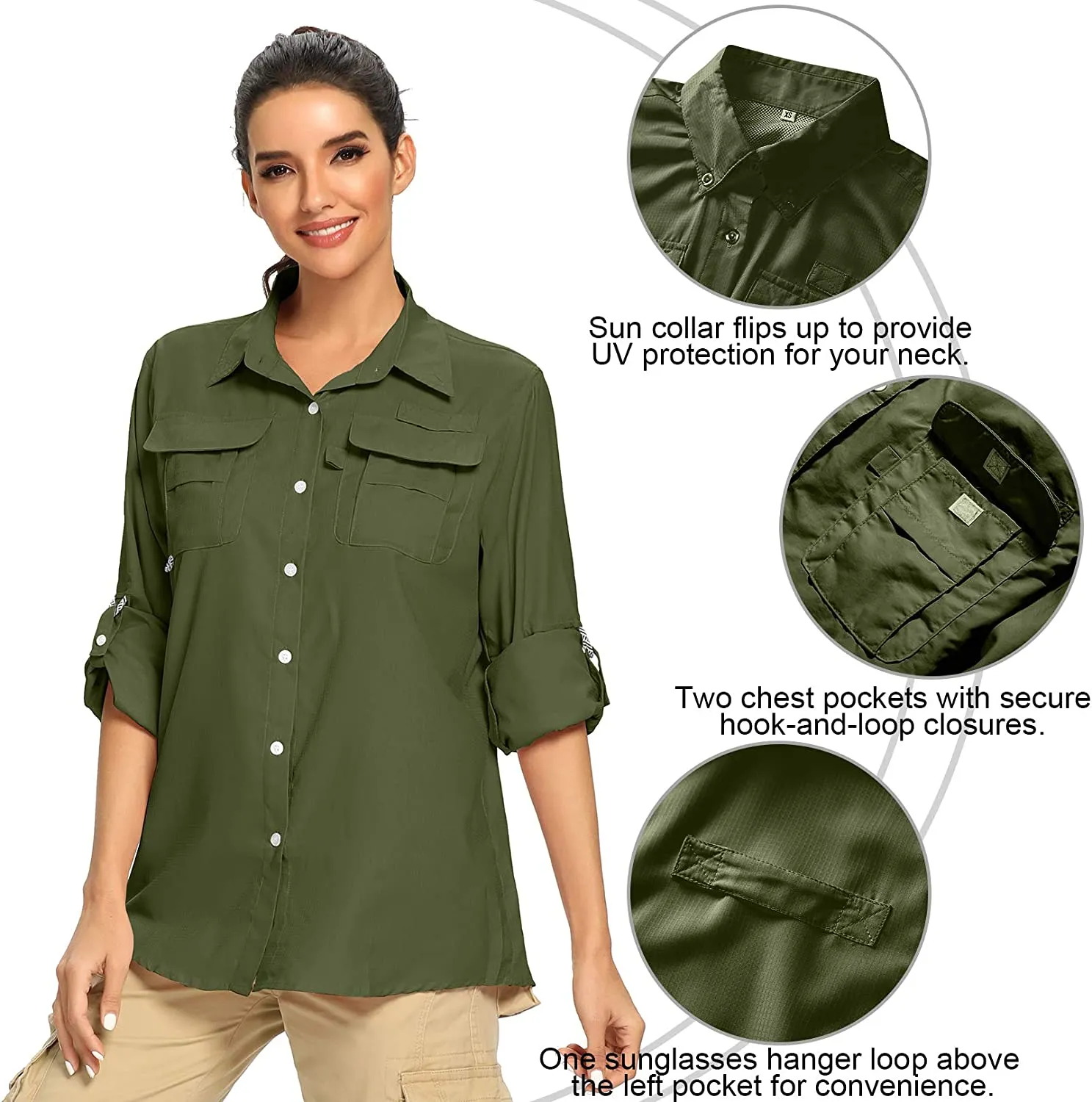 Women's UPF 50  UV Sun Protection Safari Shirt, Long Sleeve