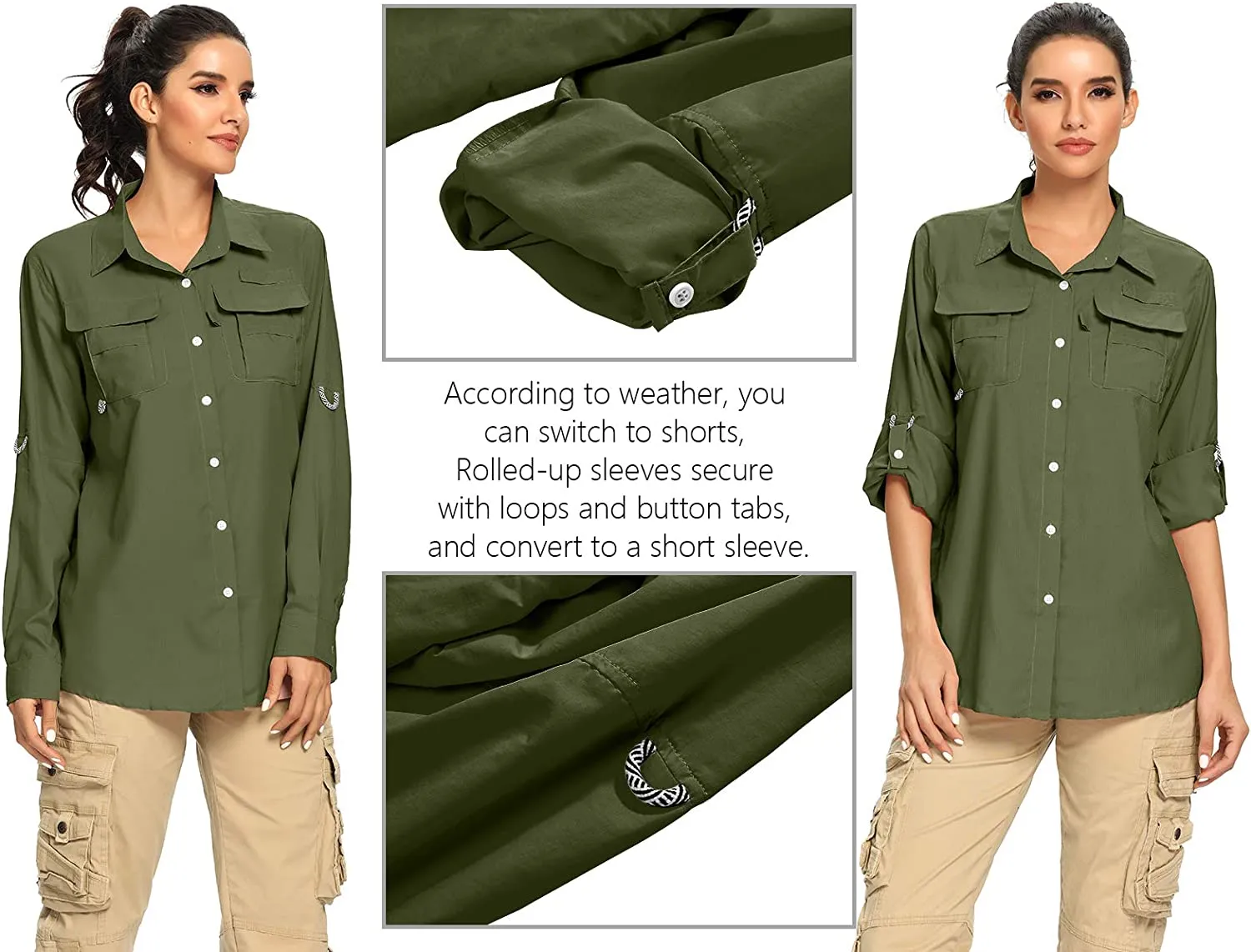 Women's UPF 50  UV Sun Protection Safari Shirt, Long Sleeve
