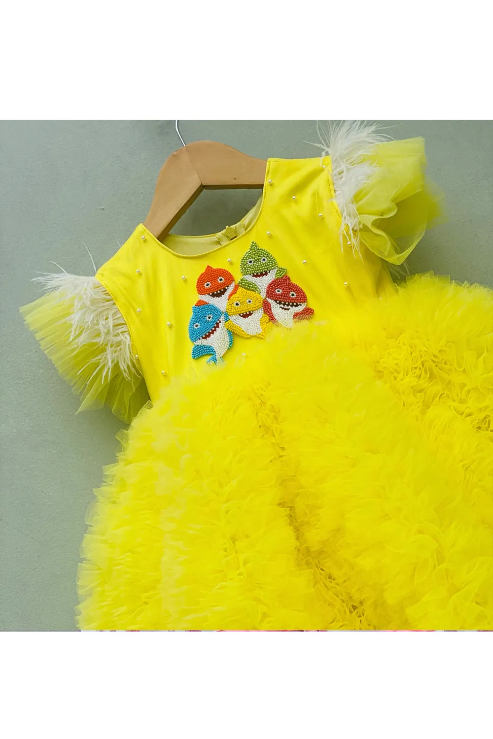 Yellow fish embroidered bow dress