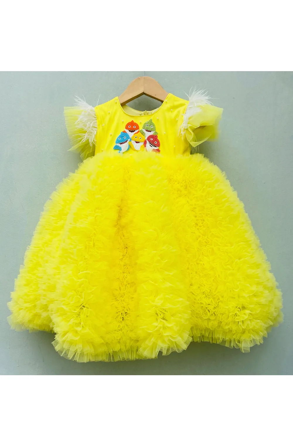 Yellow fish embroidered bow dress